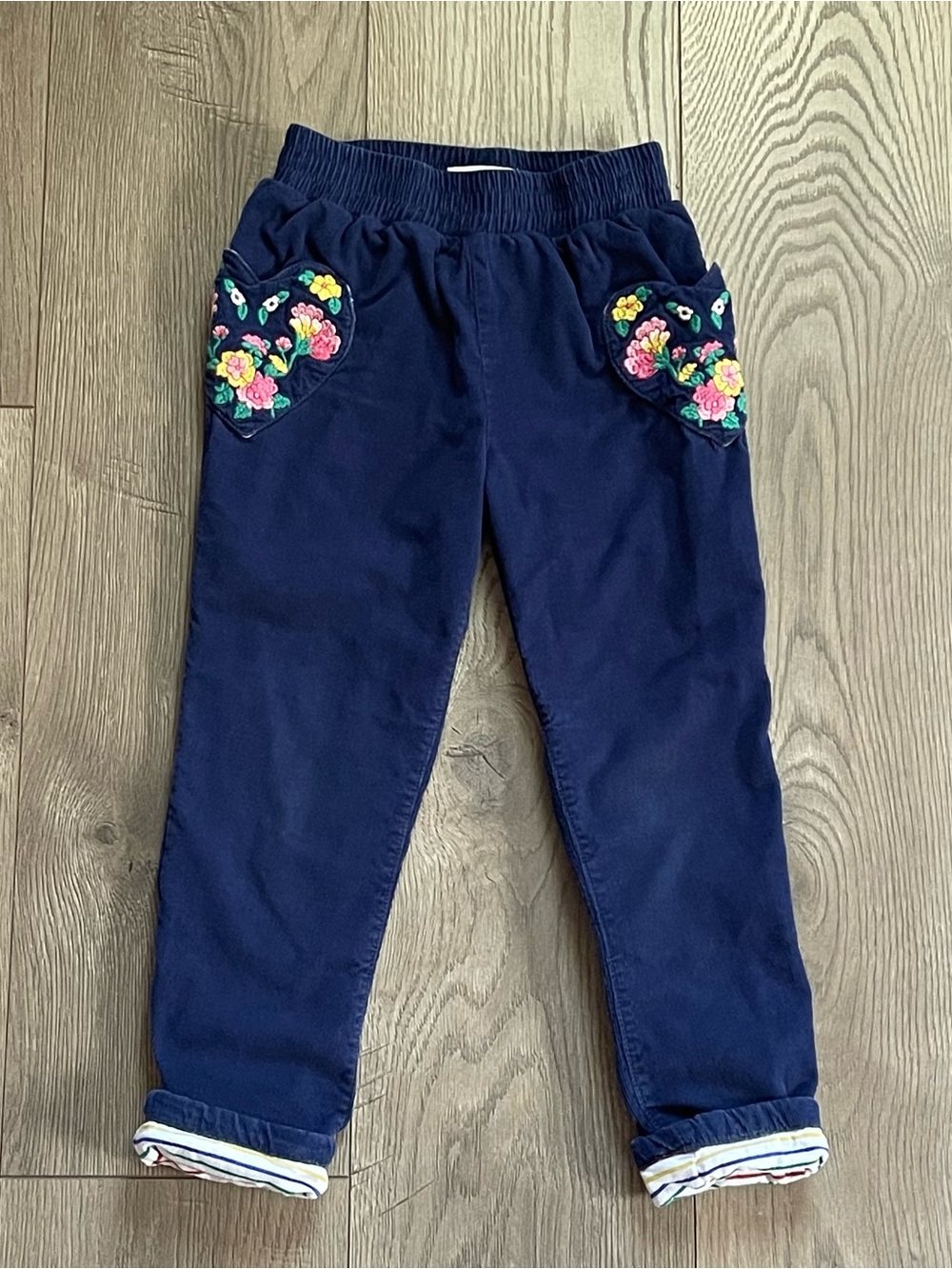Mini Boden Floral Heart Pocket Embroidered Girls 6Y Navy Blue Corduroy Pants